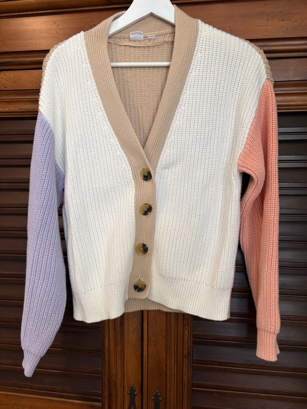 GAP Colorblock V-Neck Button Cardigan - White, Tan, Lilac & Peach